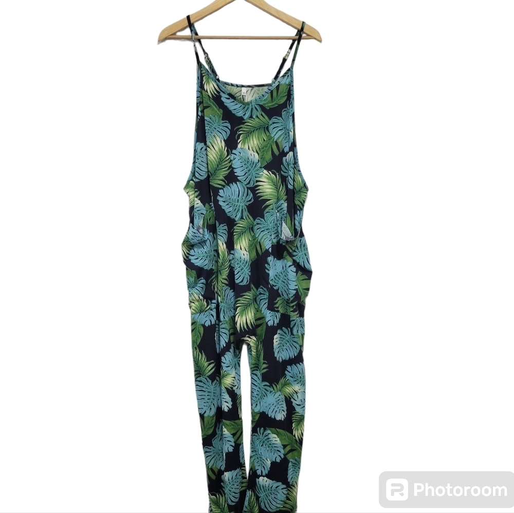 DEEP SELF Women's Tropical Print Adjustable Straps Harem Overalls With Pockets M